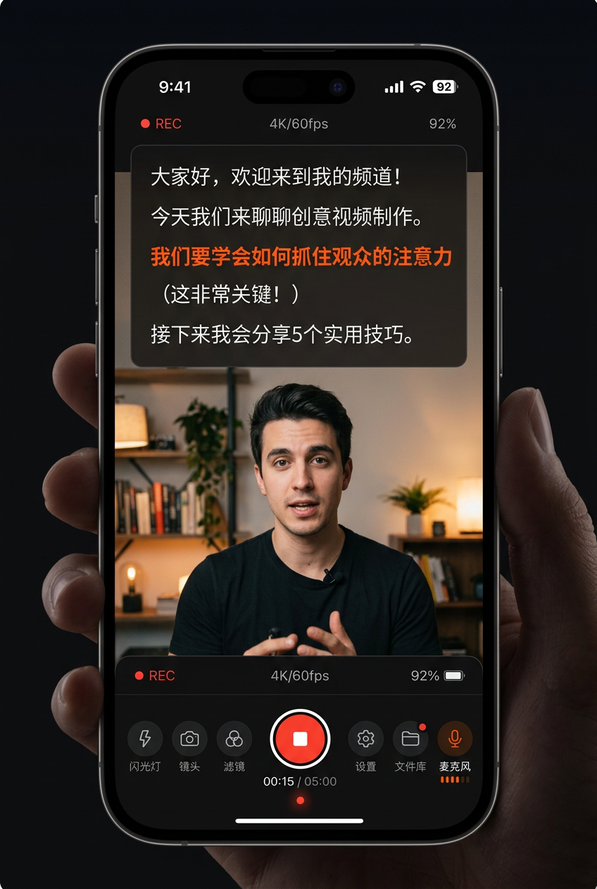 拍摄时提词悬浮在镜头旁